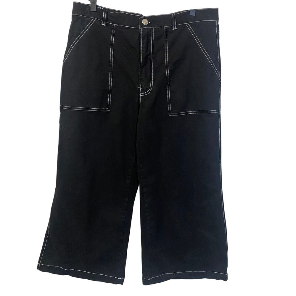 Wild Fable Black Baggy Cargo Crop Pant Wide Leg Jeans Contrast Stitching Sz 12